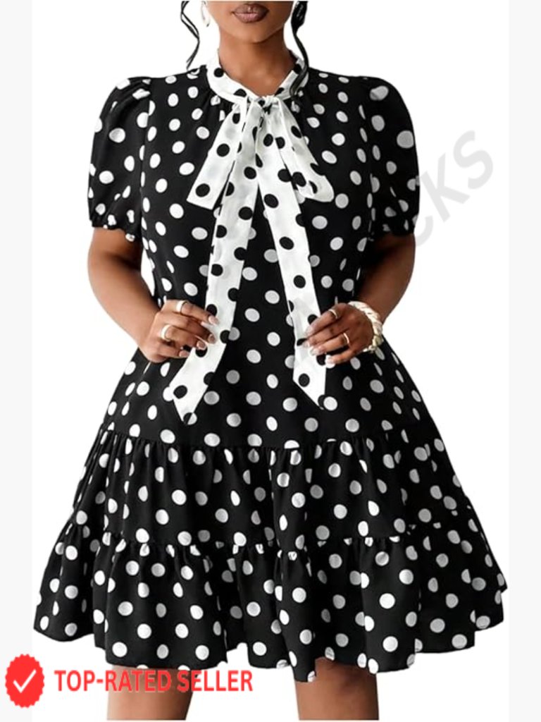Polka Dot Bow Tie Puff Sleeve A-Line Mini Dress With Ruffle Hem